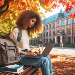 Image shows a woman sitting on a bench with a laptop in her lap. 