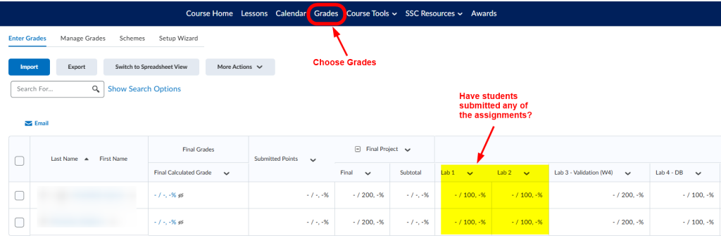Click Grades. Then review the student submissions.