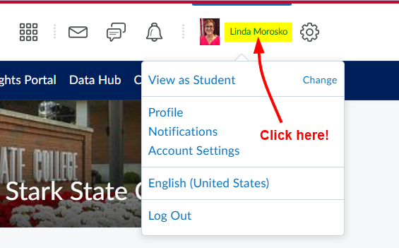 This image shows an arrow pointing at the user's name with the words "click here."