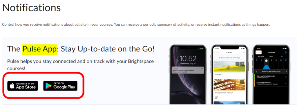 This image shows the user how to download the Pulse app. This is the mobile app for Brightspace.