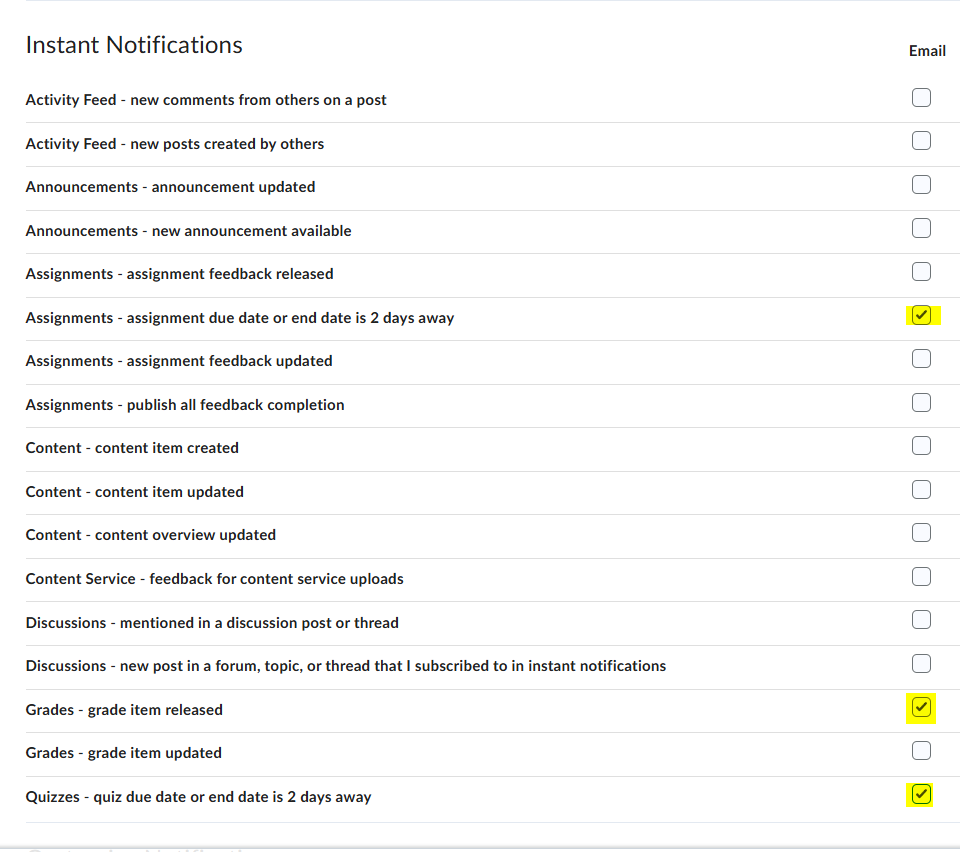 Image showing the list of options available for notification.