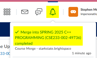 Notification alert that a course merge has been successfully completed.