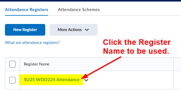 Click the register you created for the class.